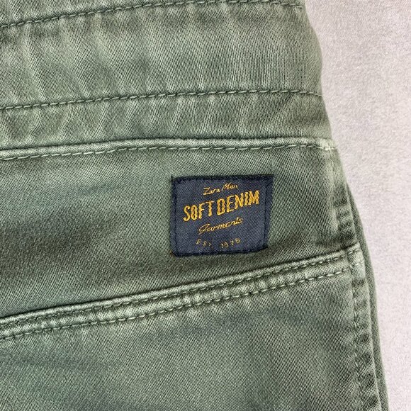 Zara Mens Pants Medium Green Moto Soft Denim Jogging Fit Tapered Outdoor Joggers - Picture 13 of 13